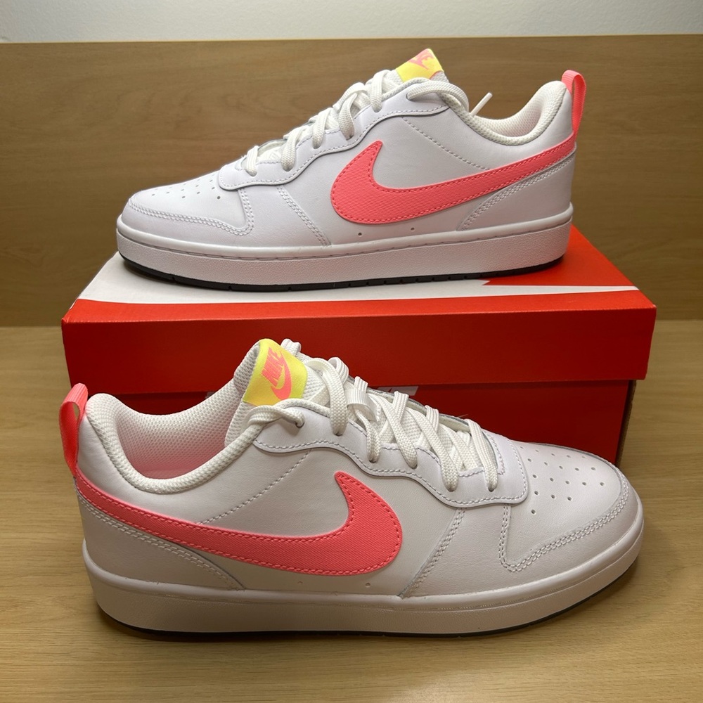 Size 7Y (GS) Or 8.5 W - Nike Court Borough 2 Low White Sunset Pulse LT Zitron